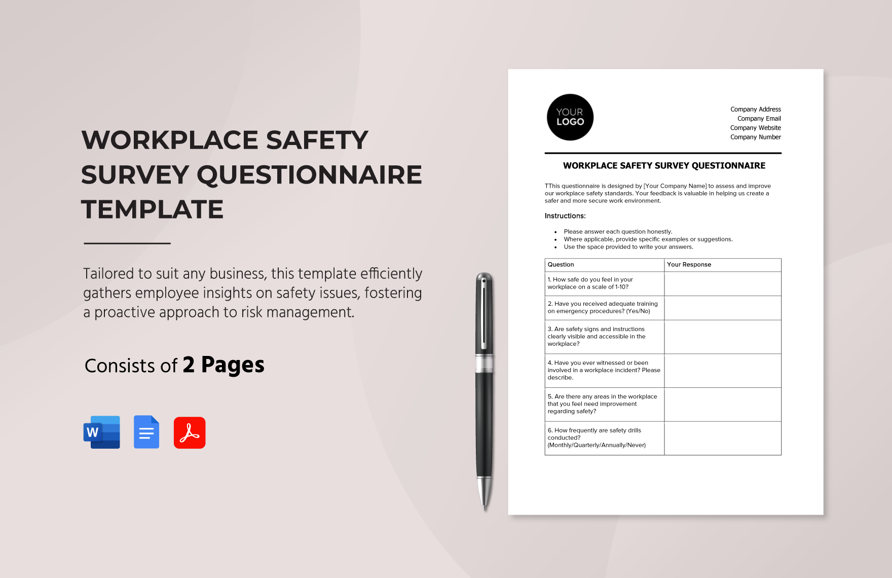 Workplace Safety Survey Questionnaire Template in Word, Google Docs, PDF