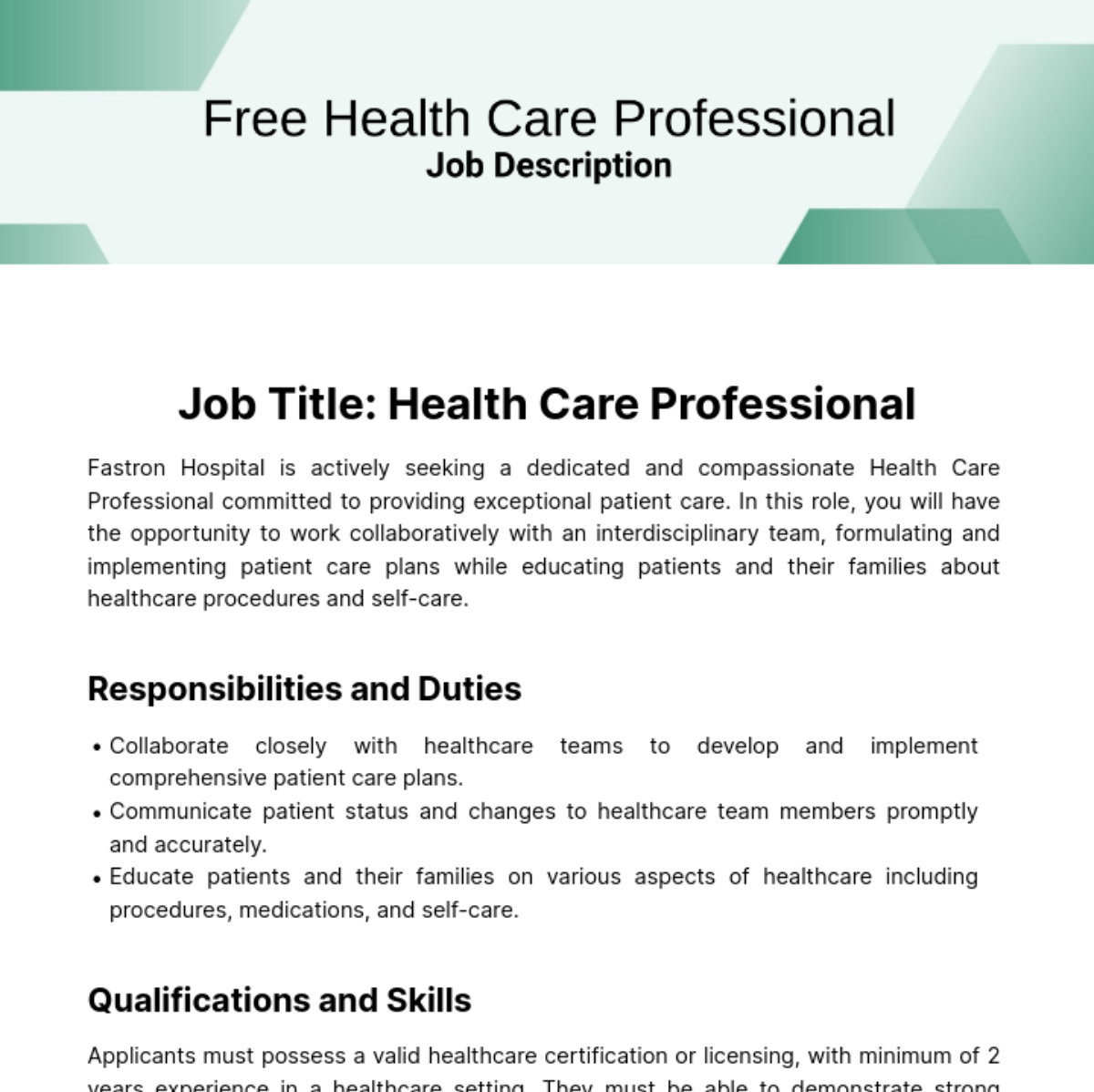 Health Care Job Description Template