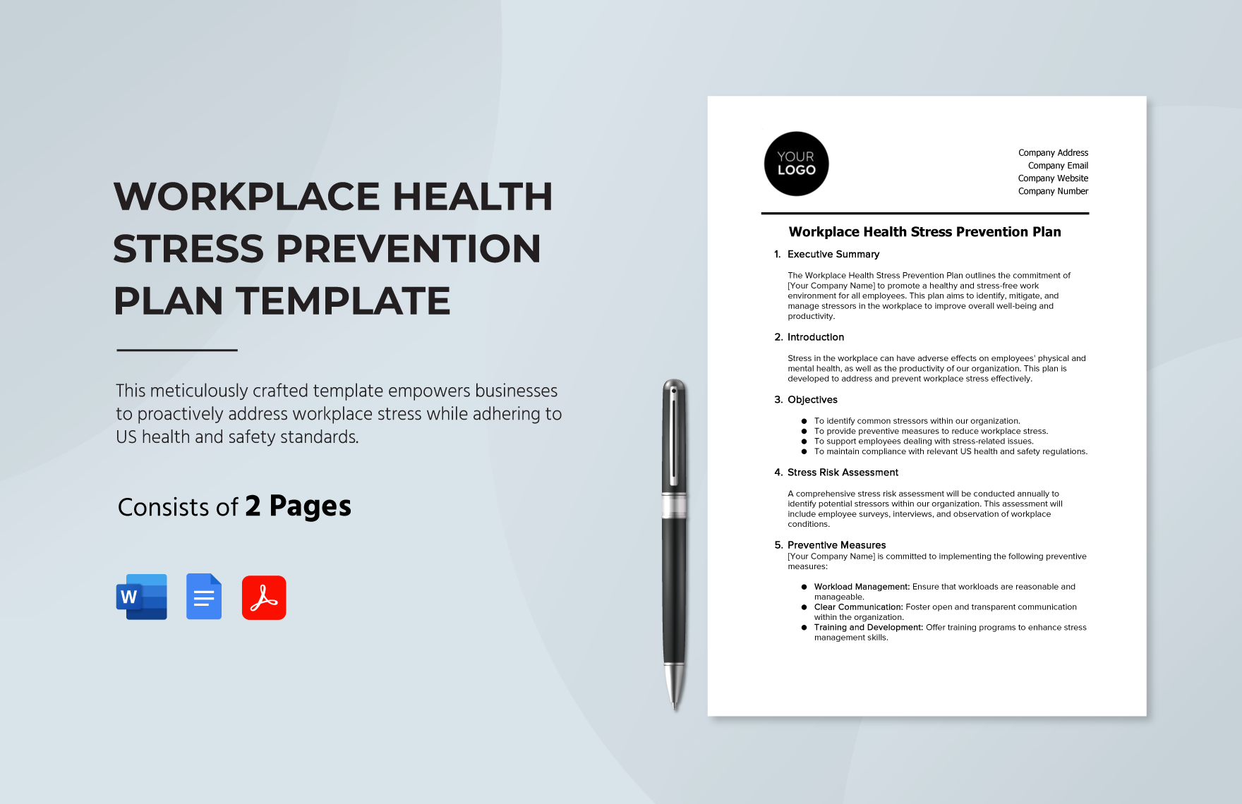 Workplace Health Stress Prevention Plan Template in Word, Google Docs, PDF