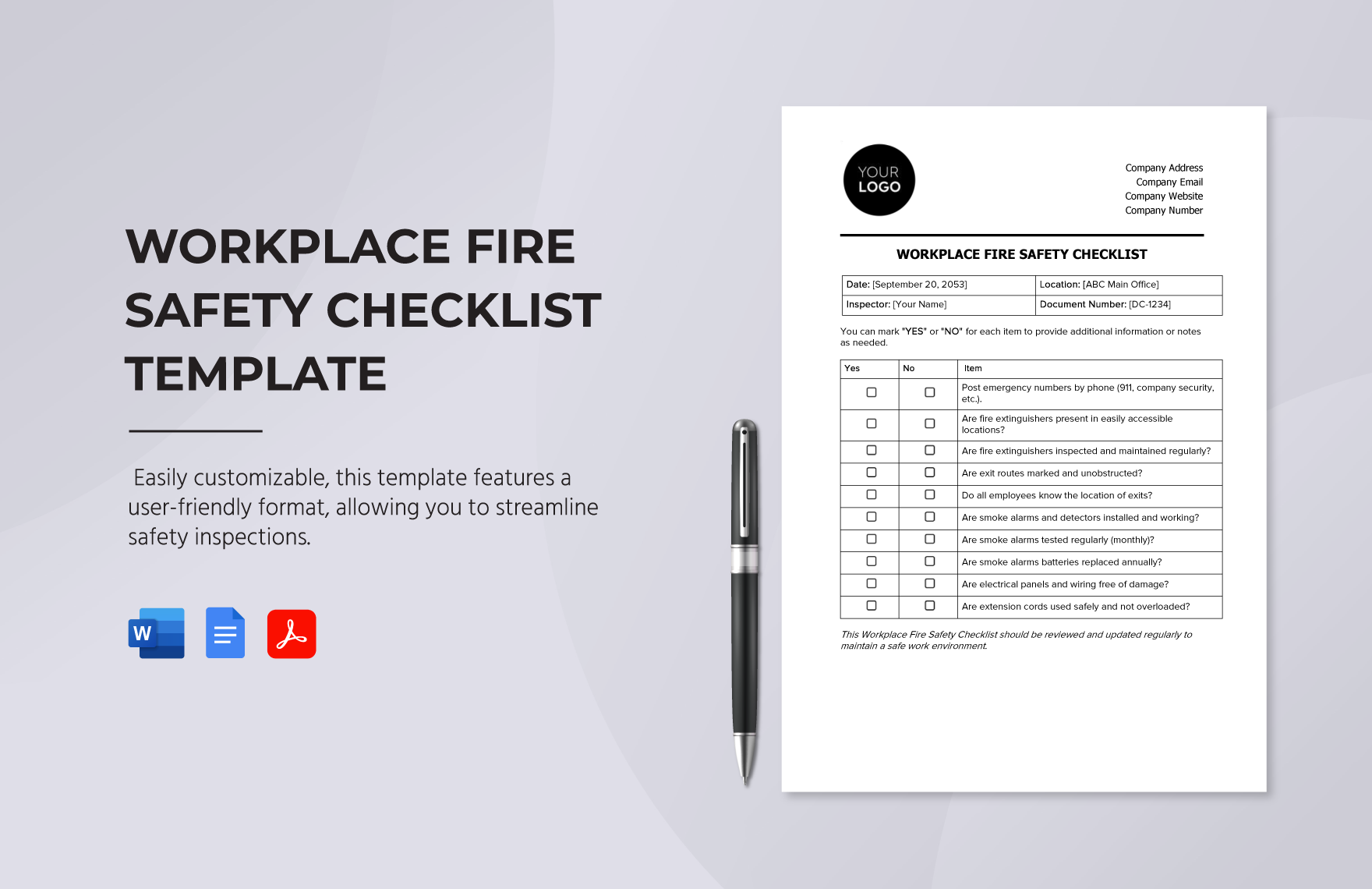 Workplace Fire Safety Checklist Template in Word, Google Docs, PDF