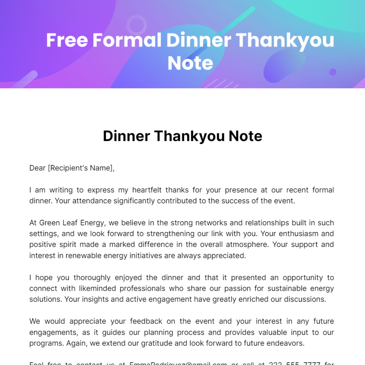 Formal Dinner Thankyou Note Template