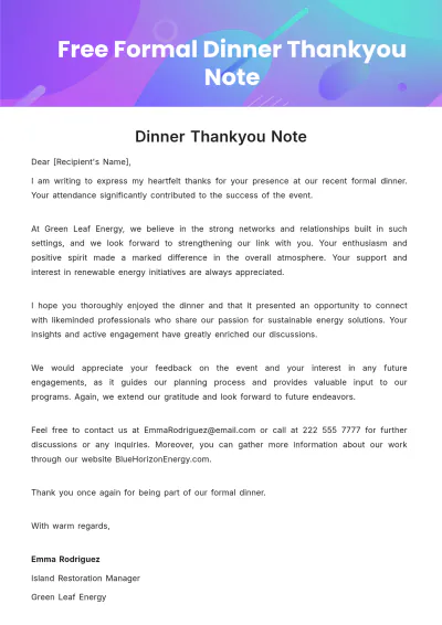 Free Formal Dinner Thankyou Note Template to Edit Online