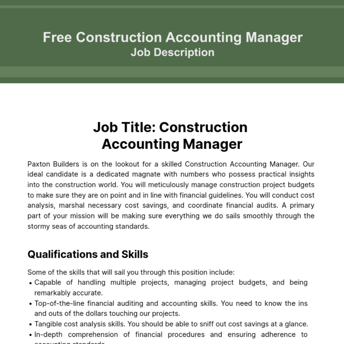 Construction Accounting Manager Job Description Template