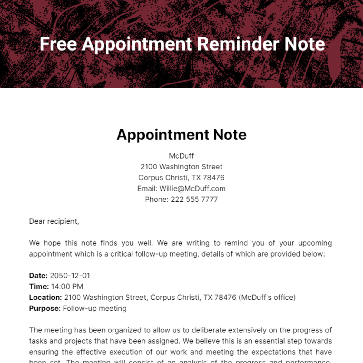Appointment Reminder Note Template