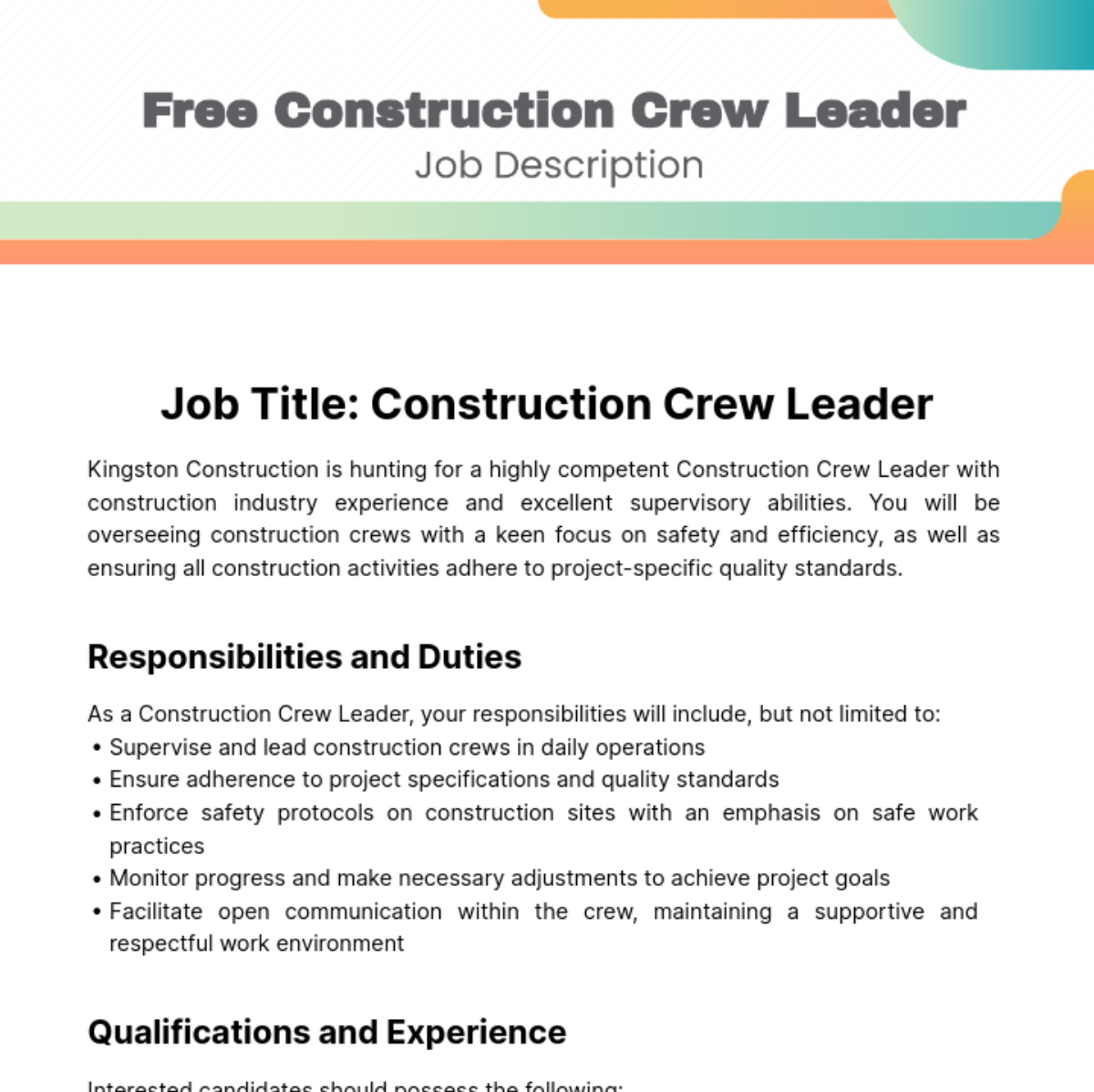 Free Construction Crew Leader Job Description Template