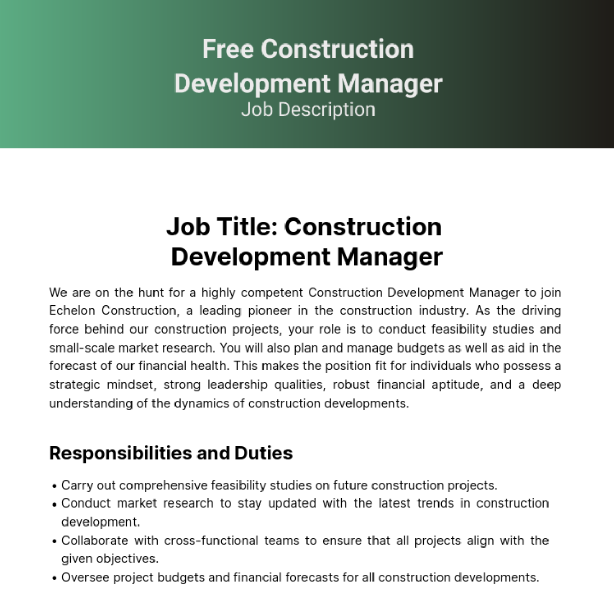 Free Construction Development Manager Job Description Template