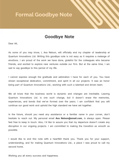 Free Formal Goodbye Note Template to Edit Online