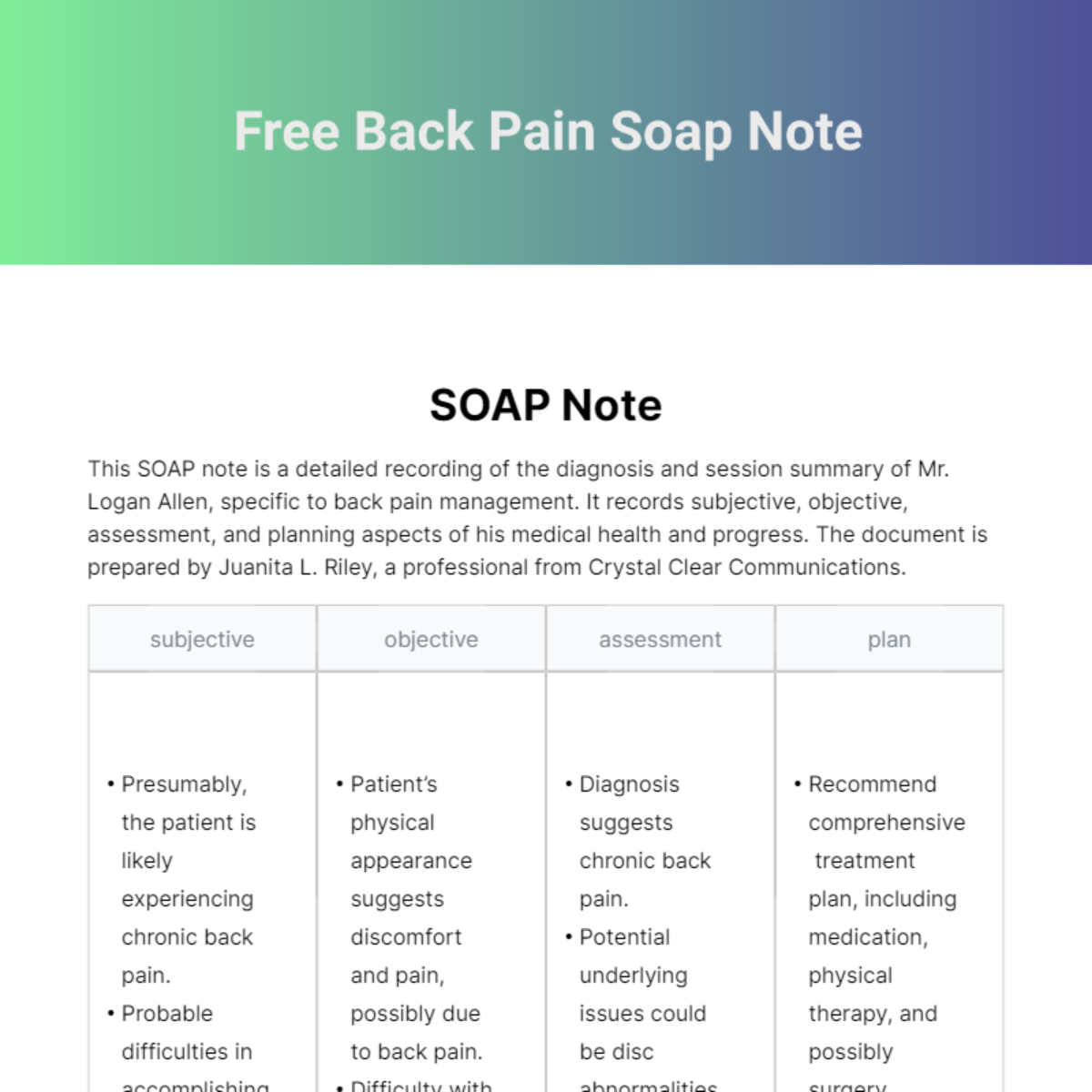 Back Pain Soap Note Template