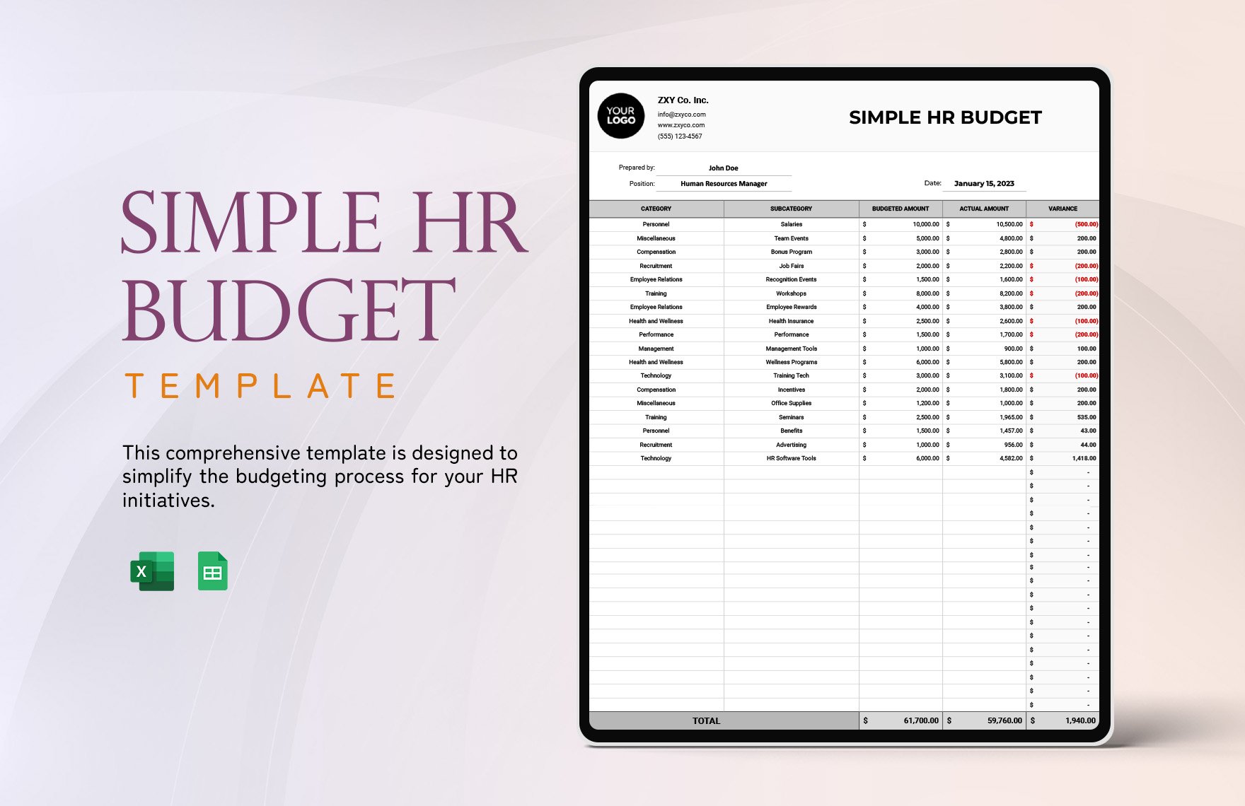 Free Simple HR Budget Template in Excel, Google Sheets