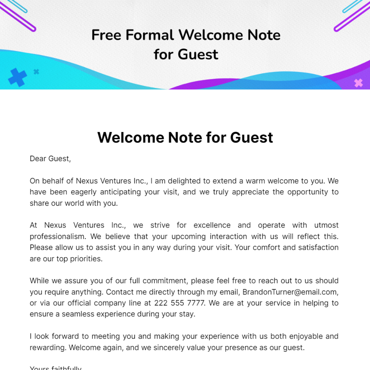 Formal Welcome Note for Guest Template