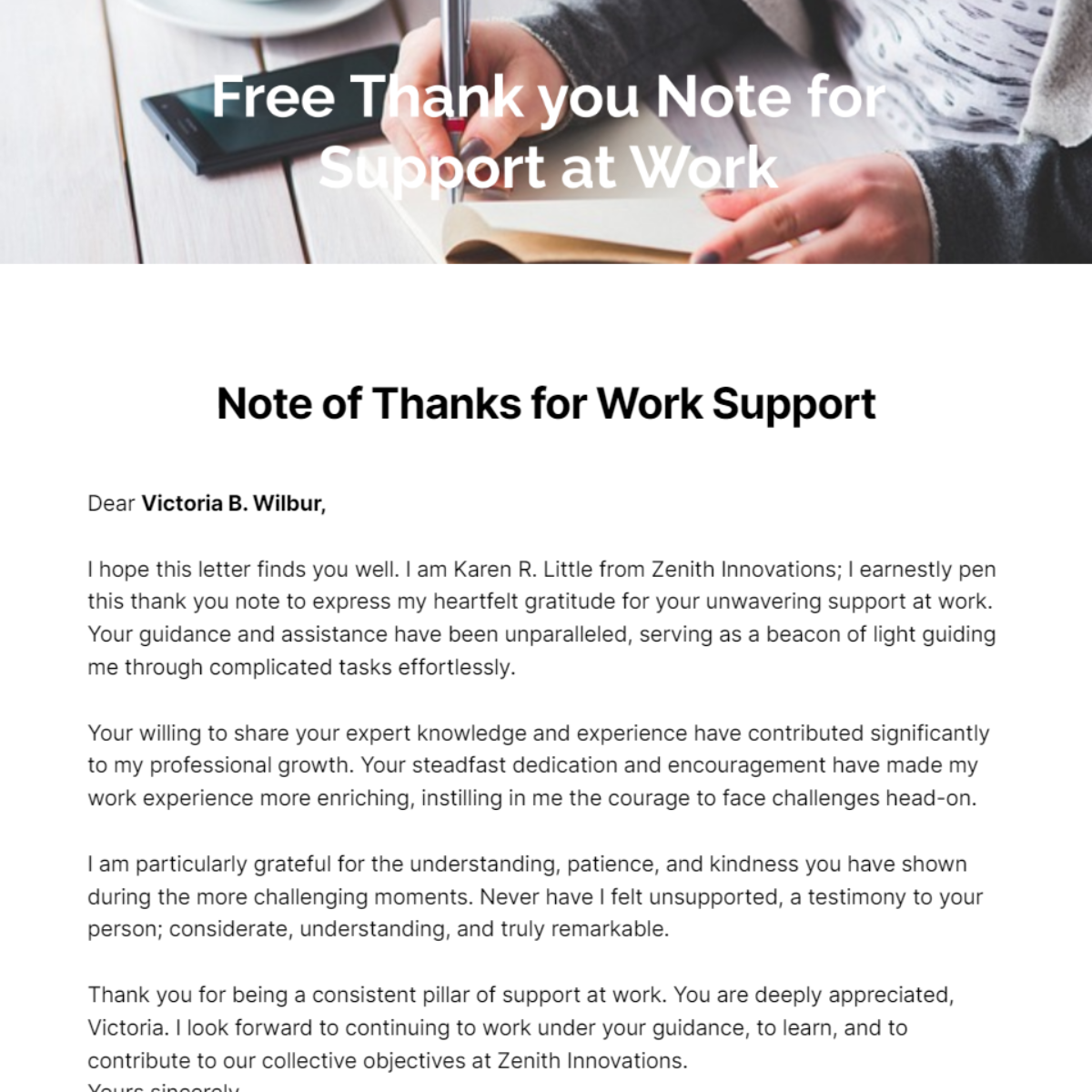 Thank you Note for Support at Work Template - Edit Online & Download