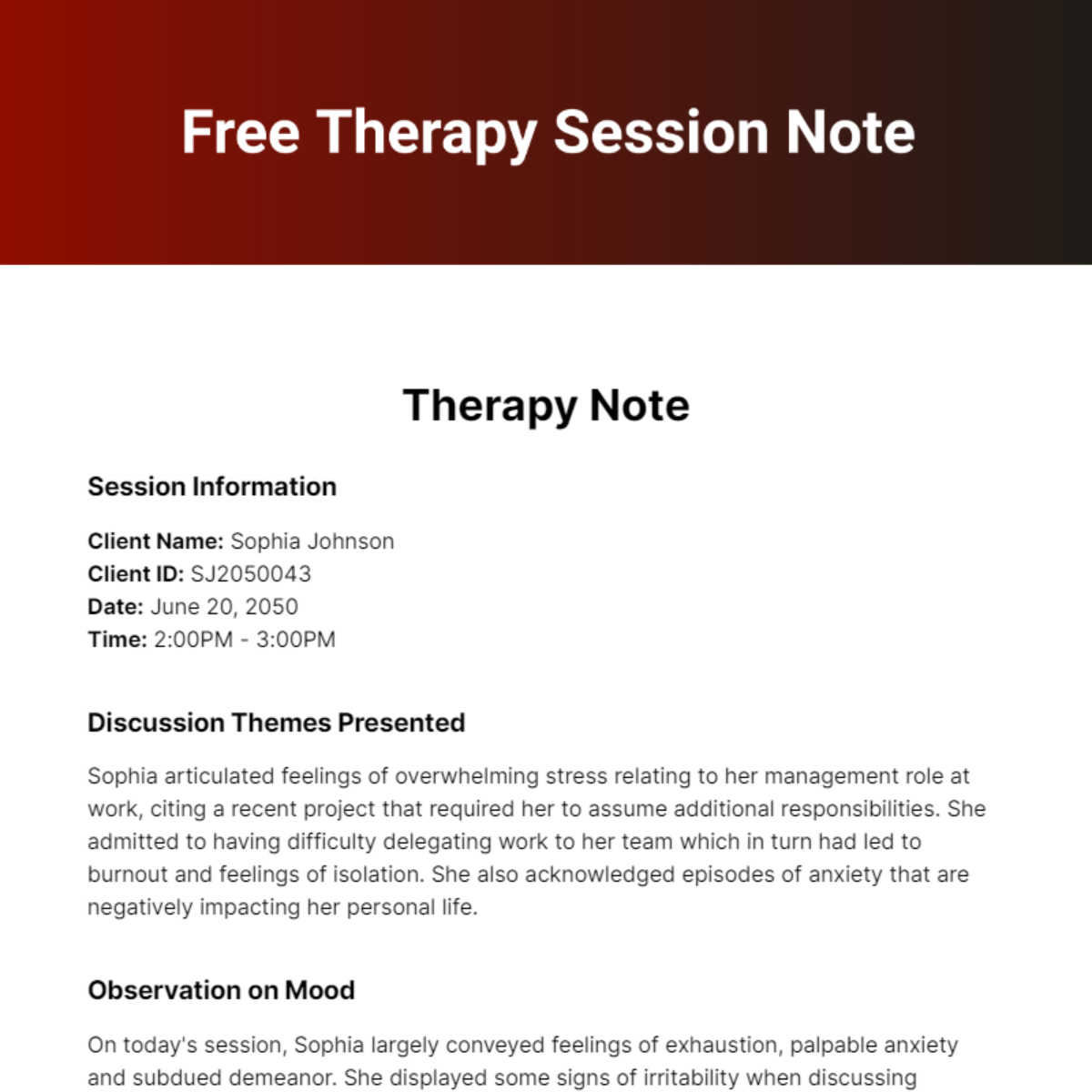 Free Therapy Session Note Template