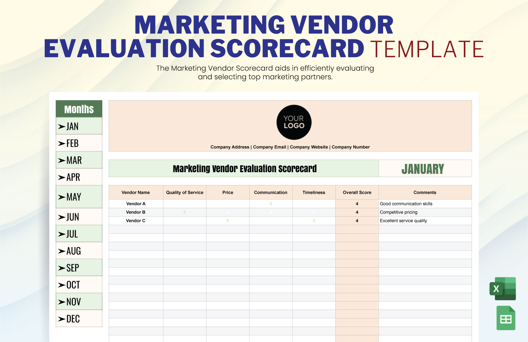 Marketing Vendor Evaluation Scorecard Template in Excel, Google Sheets - Download | Template.net