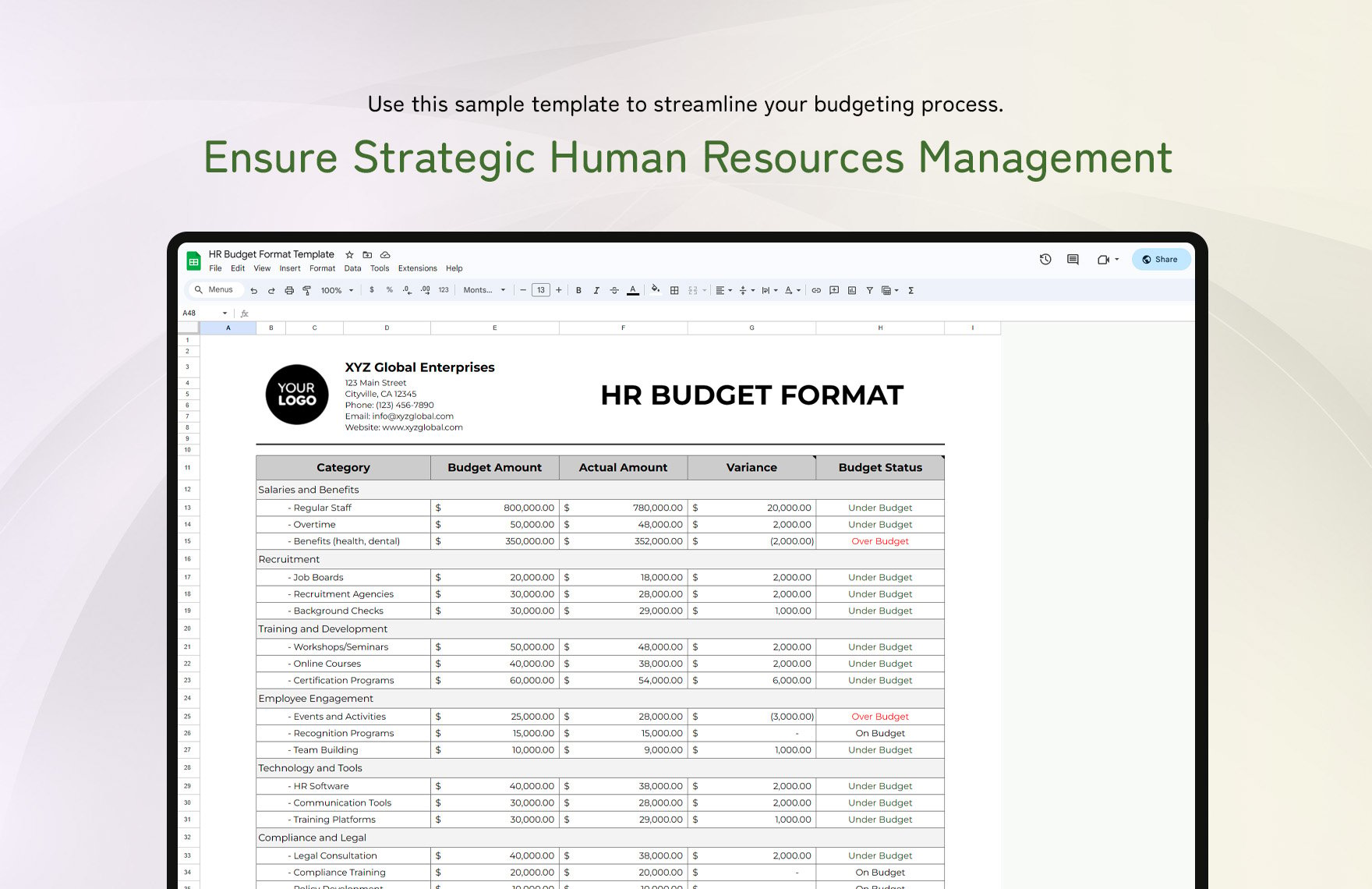 HR Budget Format Template
