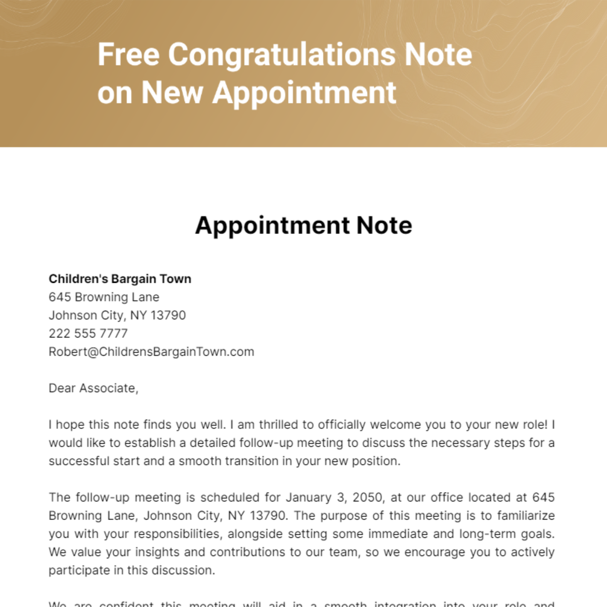 Congratulations Note on New Appointment Template