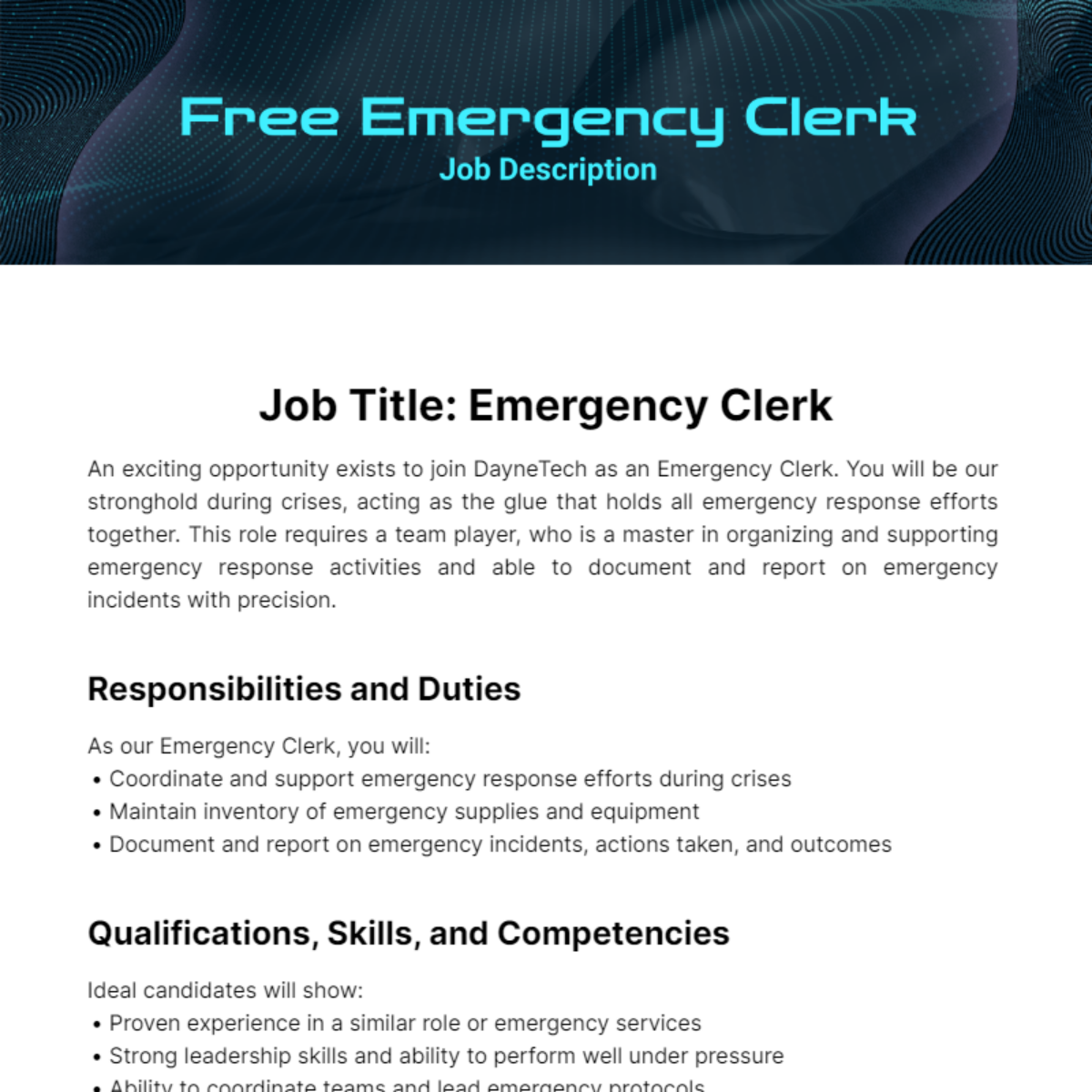 Free Emergency Clerk Job Description Template