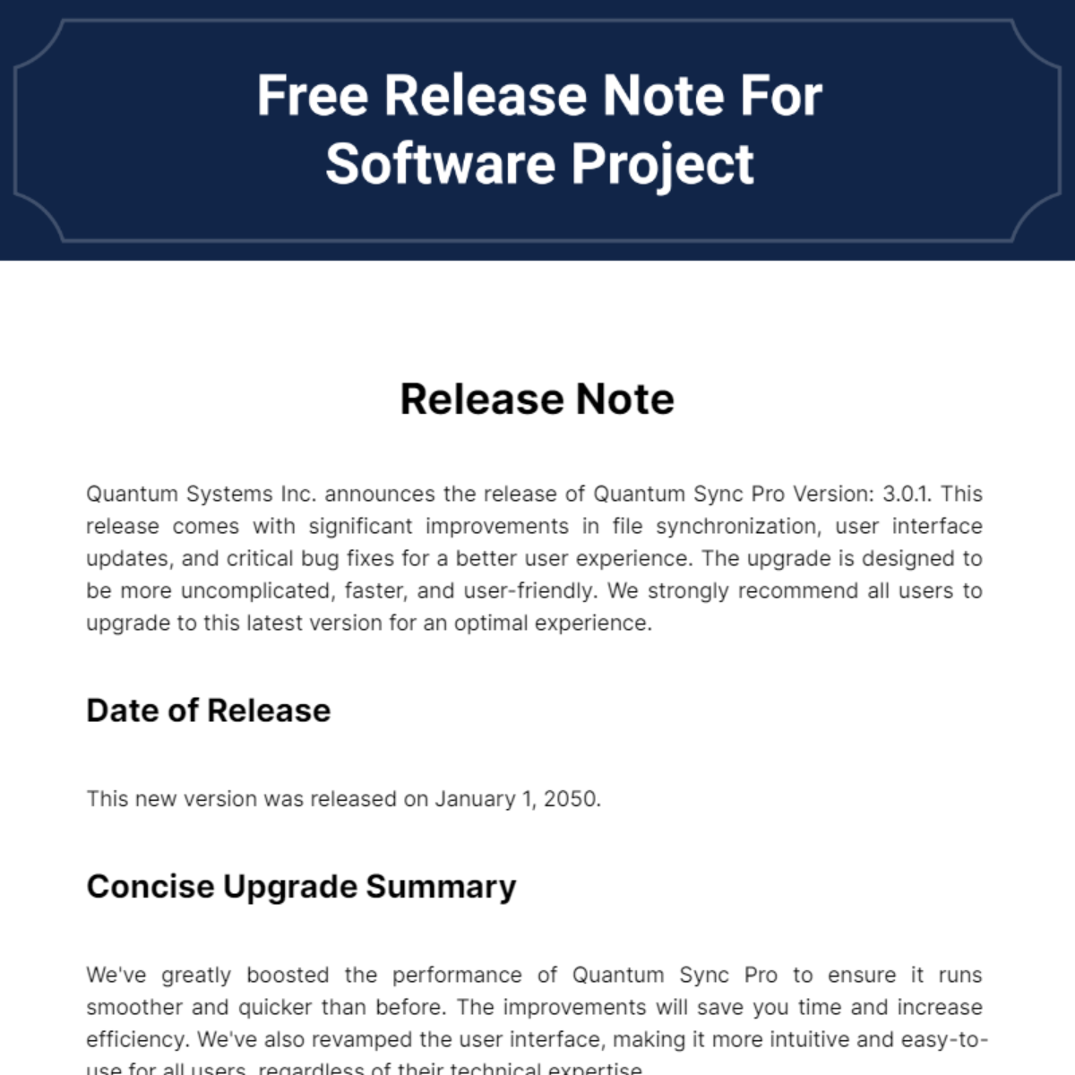 Free Release Note For Software Project Template