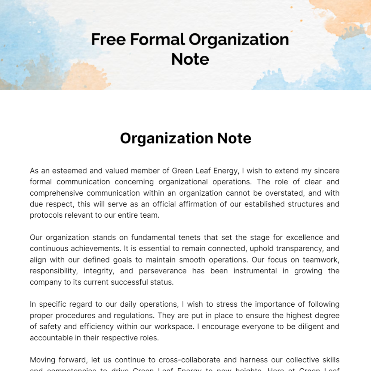 Free Formal Organization Note Template