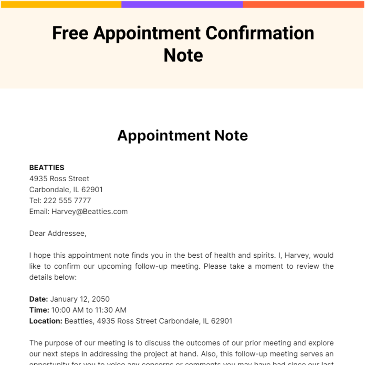 Appointment Confirmation Note Template