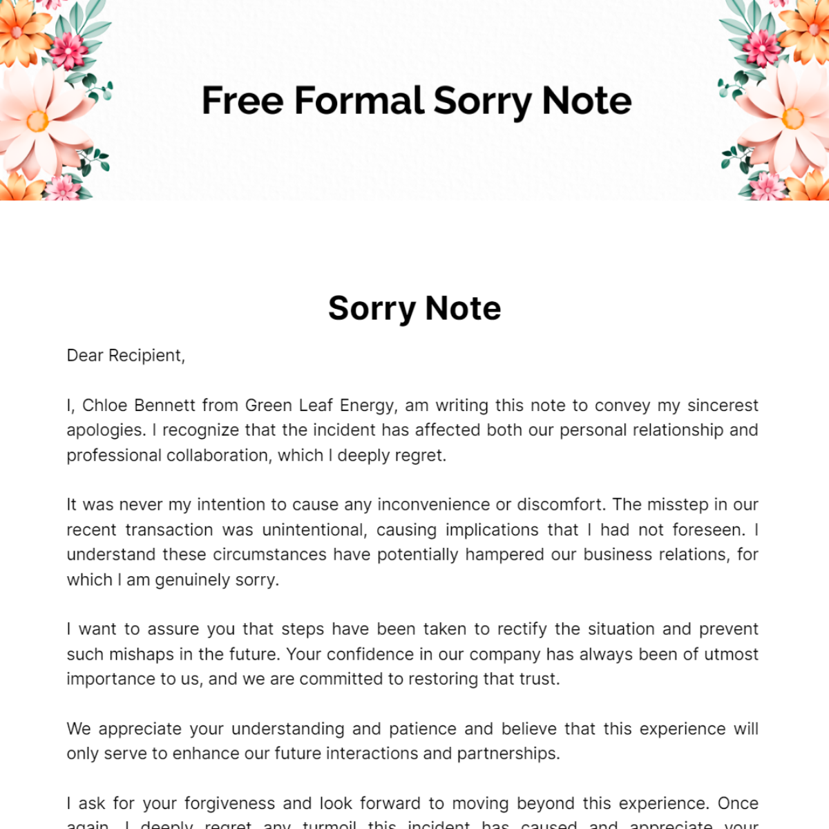 Formal Sorry Note Template
