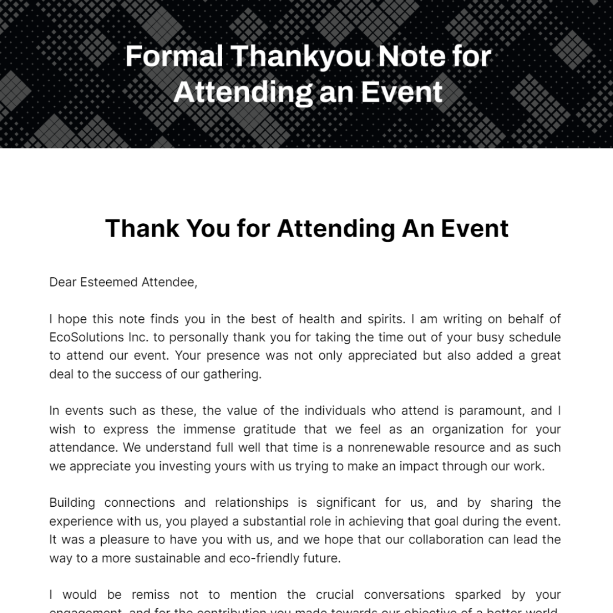 Formal Thankyou Note for Attending an Event Template
