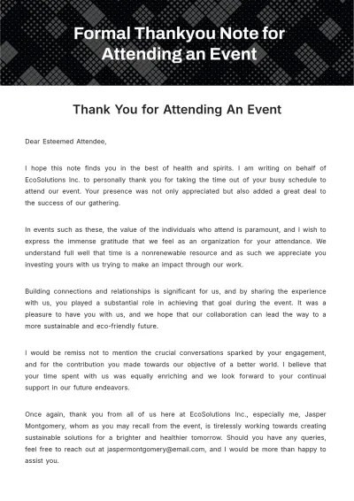 Free Formal Thankyou Note for Attending an Event Template to Edit Online