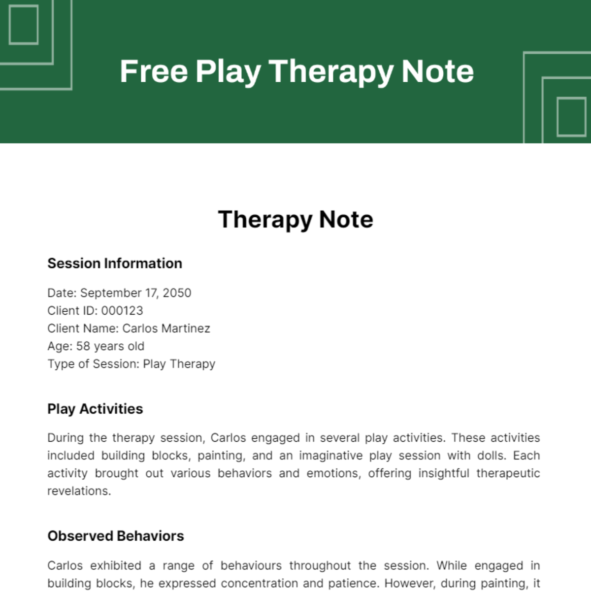 Free Play Therapy Note Template