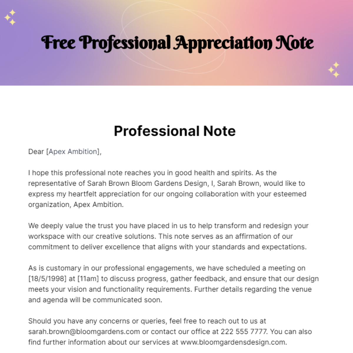 Professional Appreciation Note Template