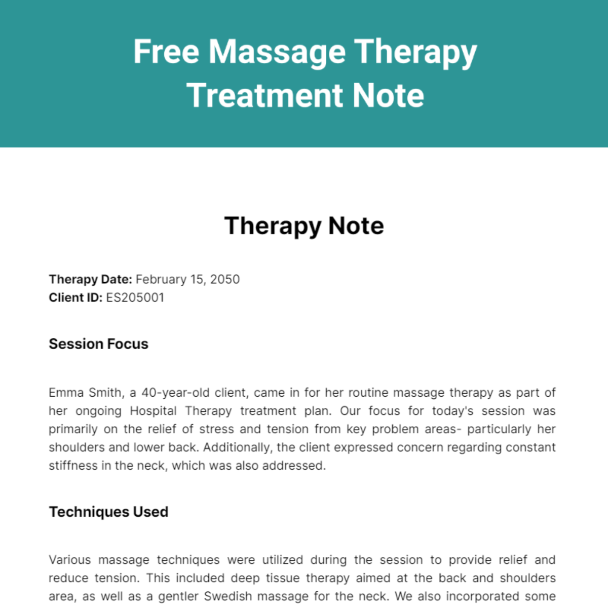 Free Massage Therapy Treatment Note Template