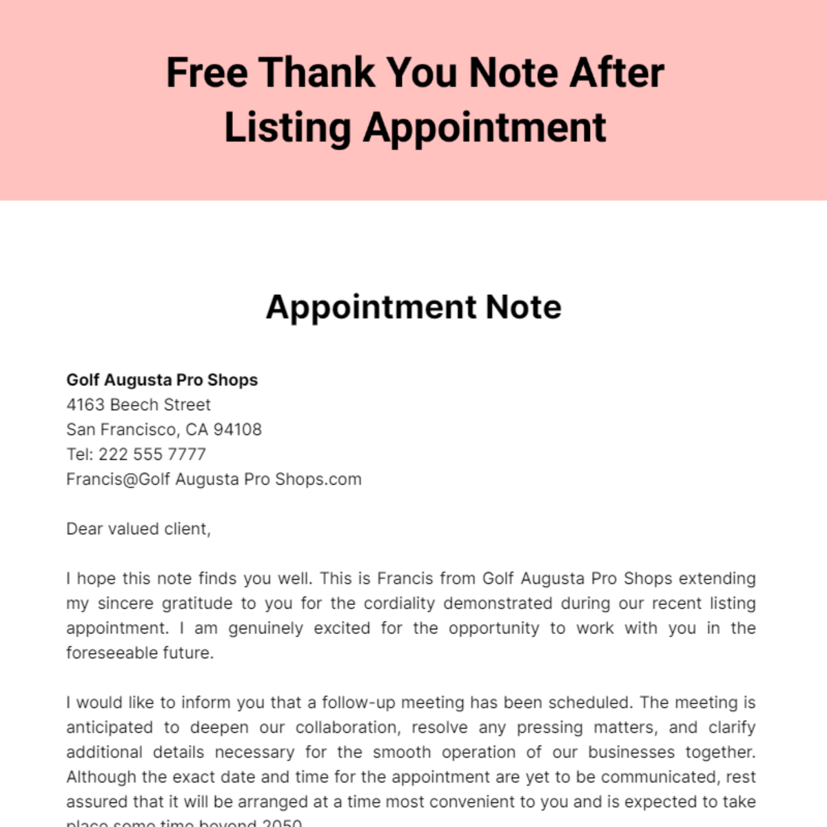 Thank you Note After Listing Appointment Template