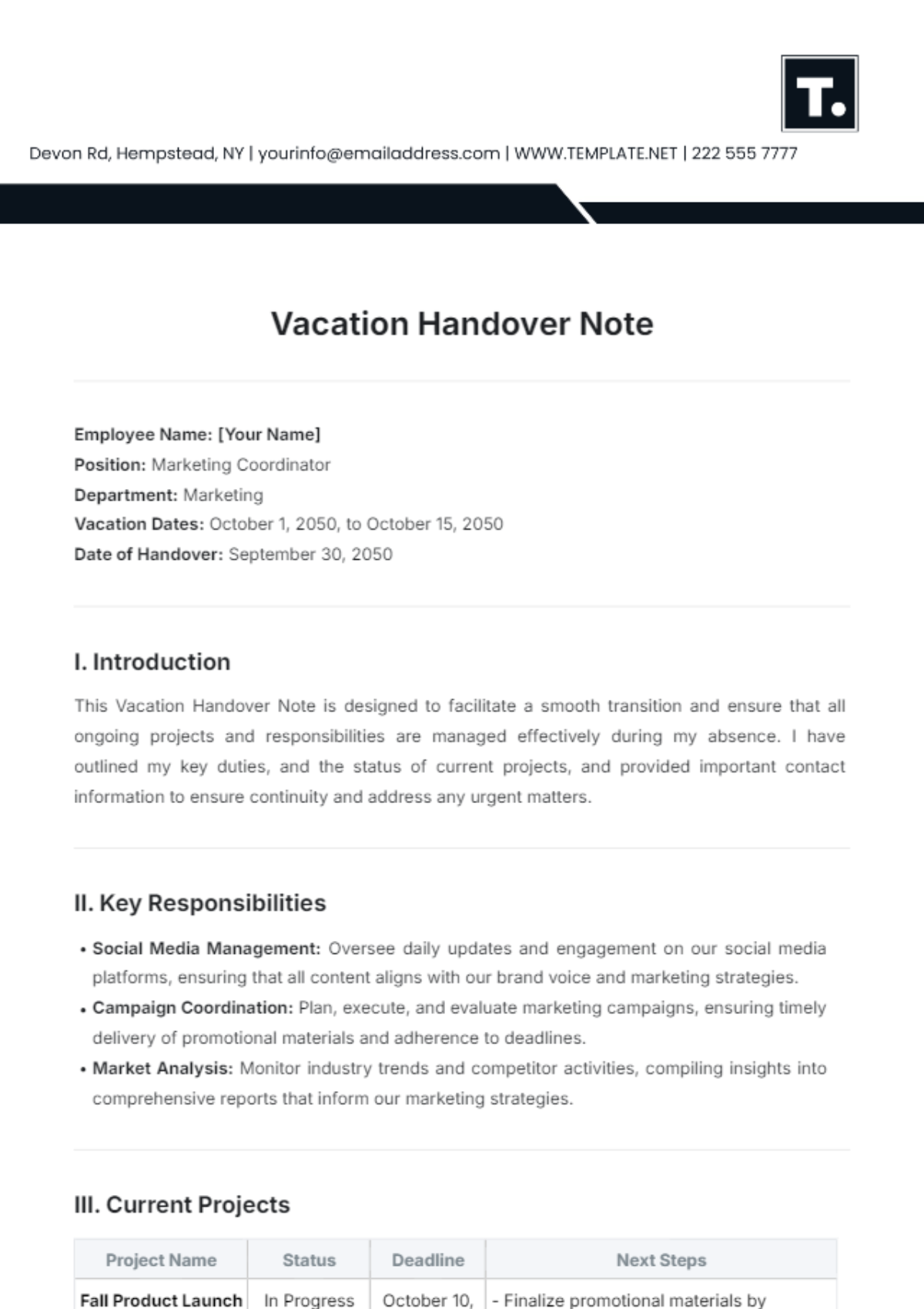 Vacation Handover Note Template - Edit Online & Download