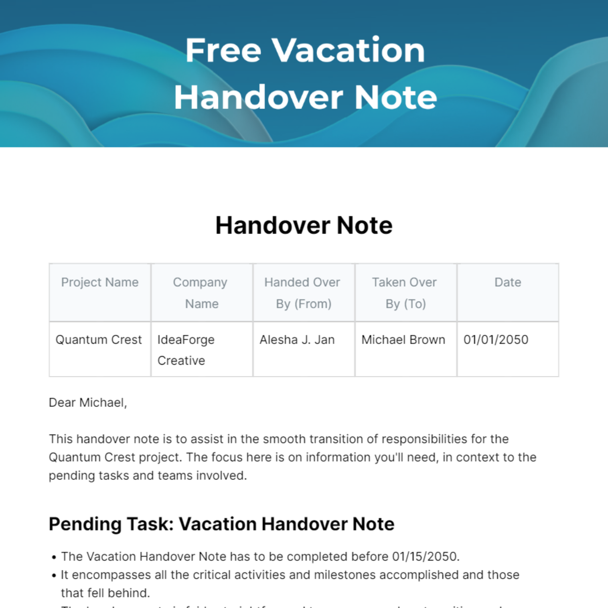Free Vacation Handover Note Template