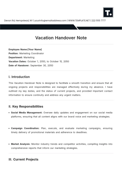 Free Vacation Handover Note Template to Edit Online
