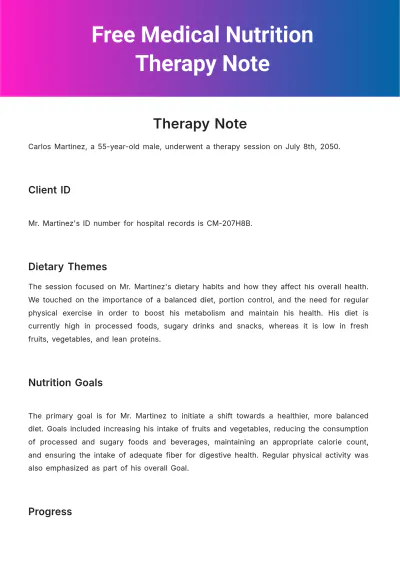Free Medical Nutrition Therapy Note Template to Edit Online
