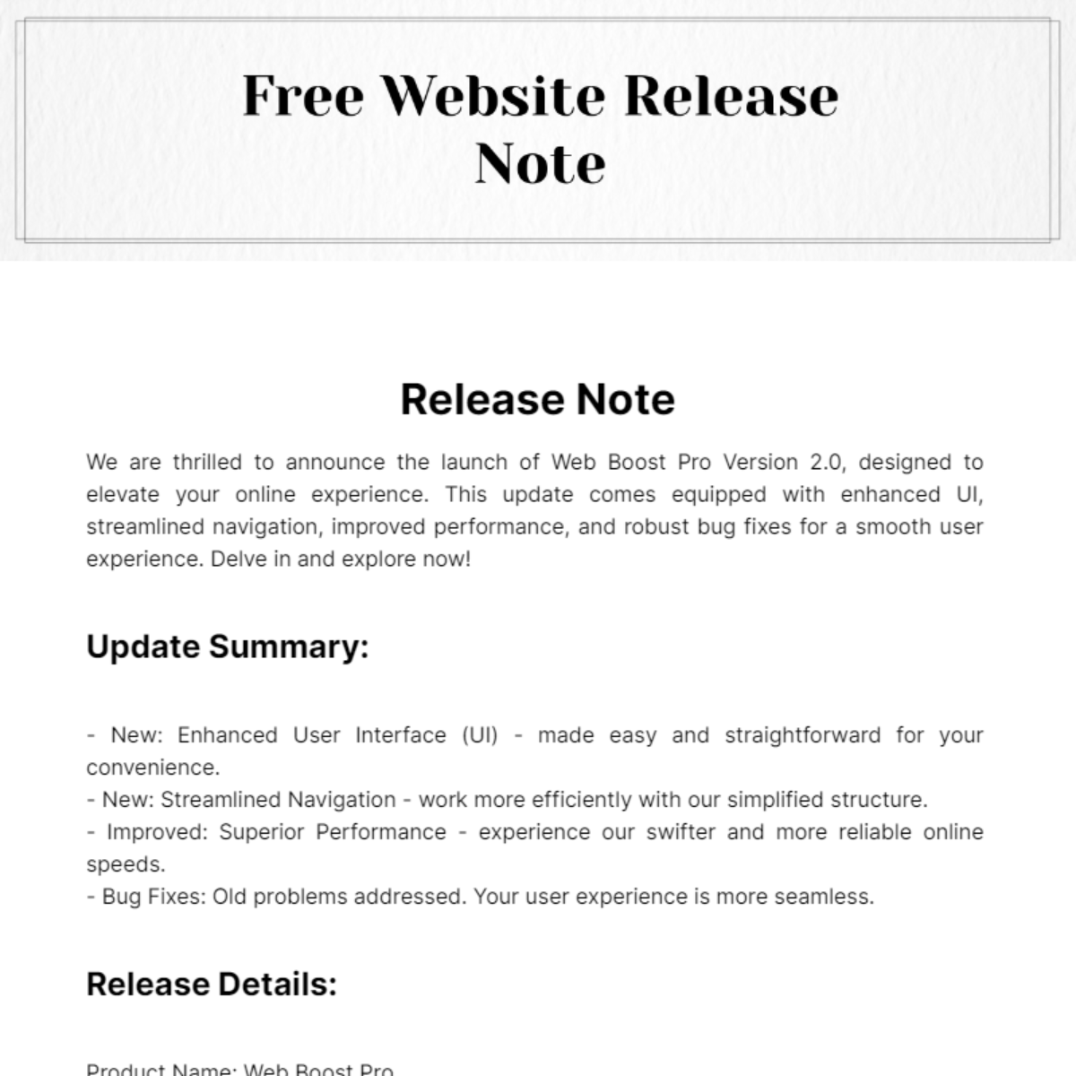 Free Website Release Note Template