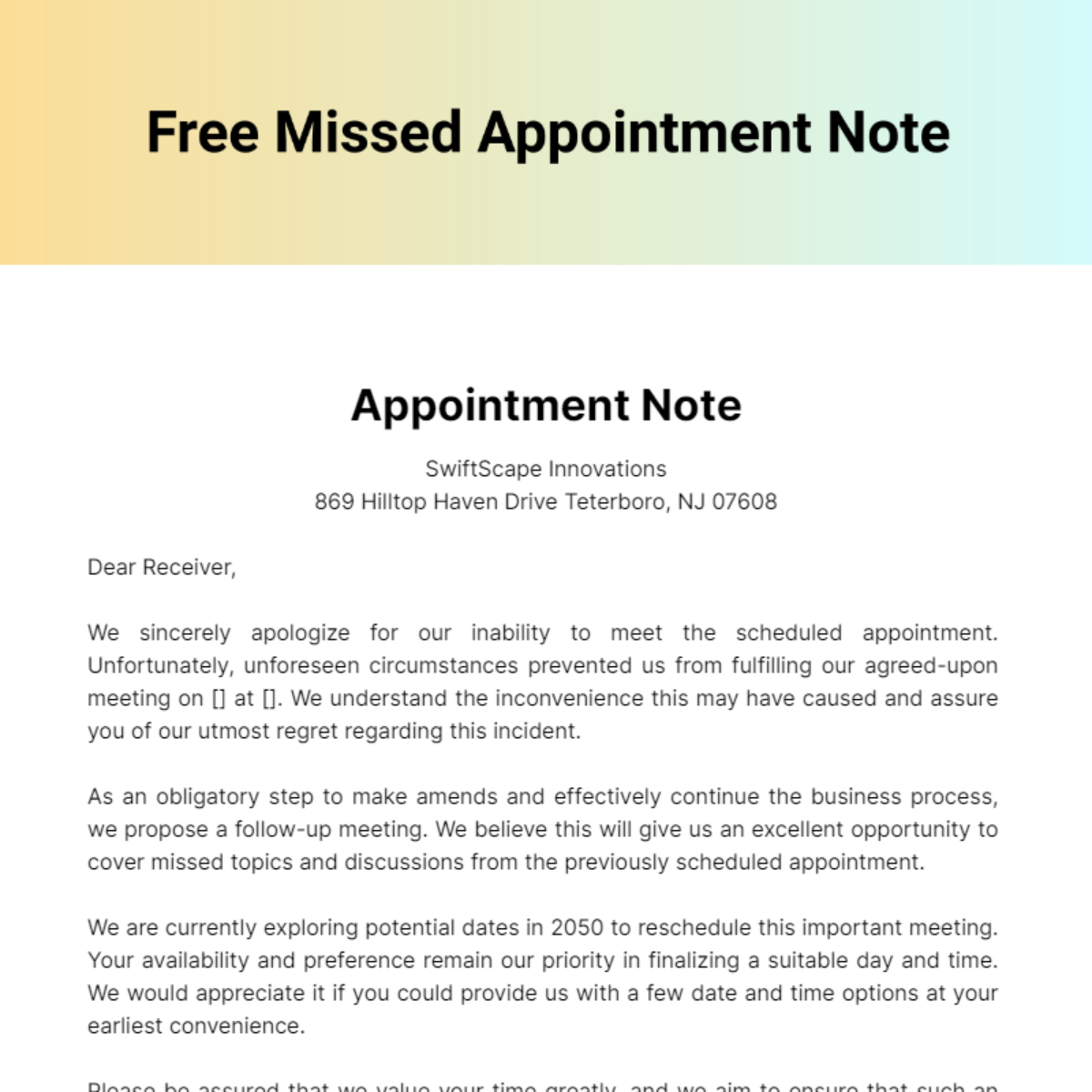 Missed Appointment Note Template
