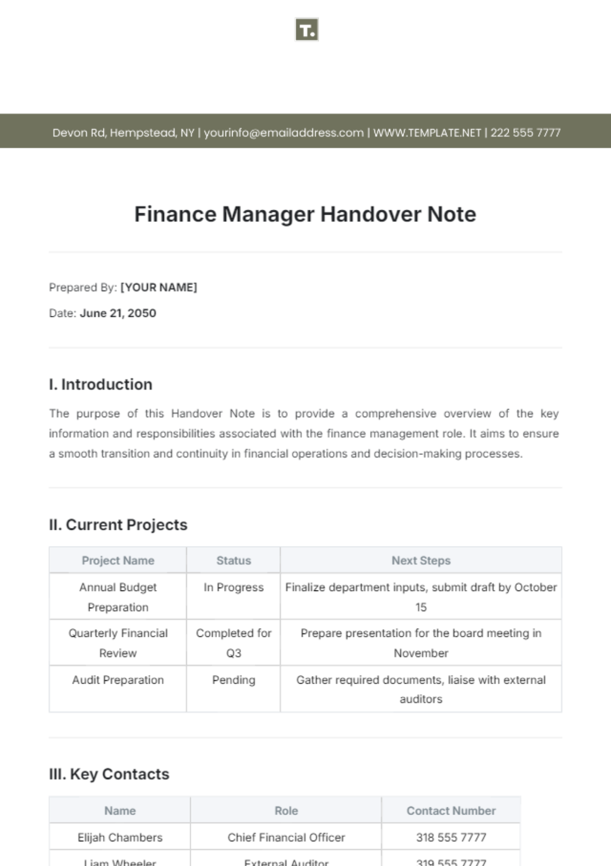 Finance Manager Handover Note Template - Edit Online & Download