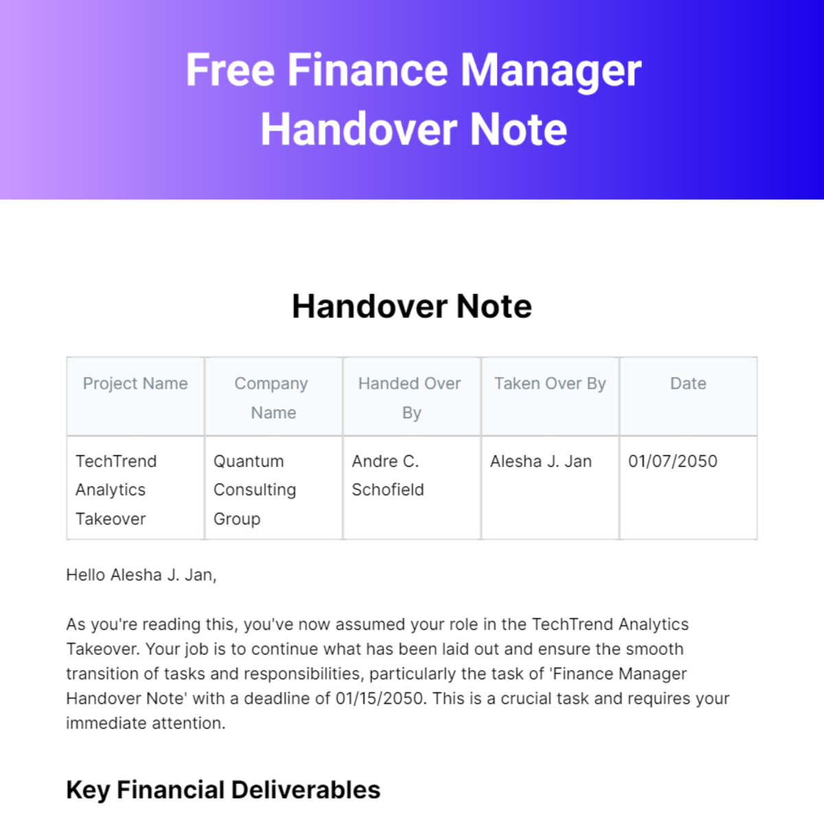 Finance Manager Handover Note Template