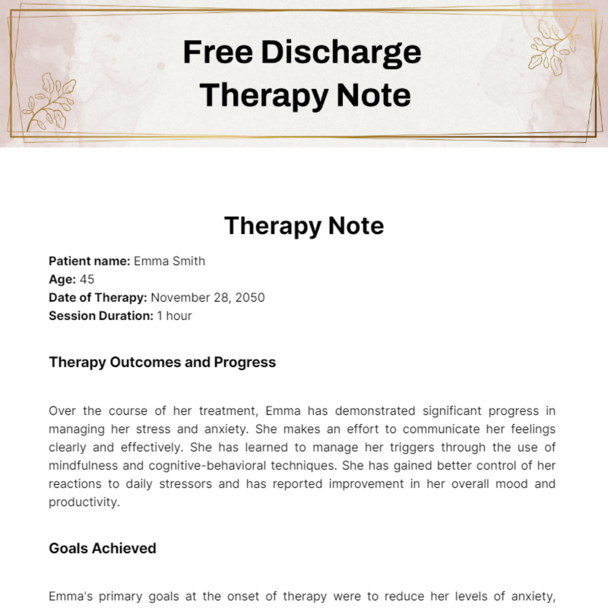 Free Discharge Therapy Note Template
