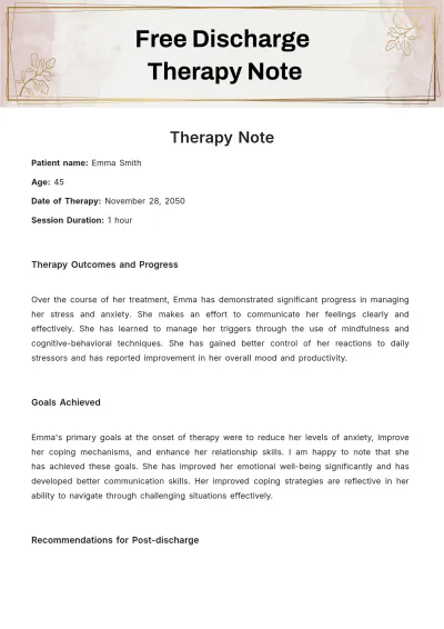 Free Discharge Therapy Note Template to Edit Online
