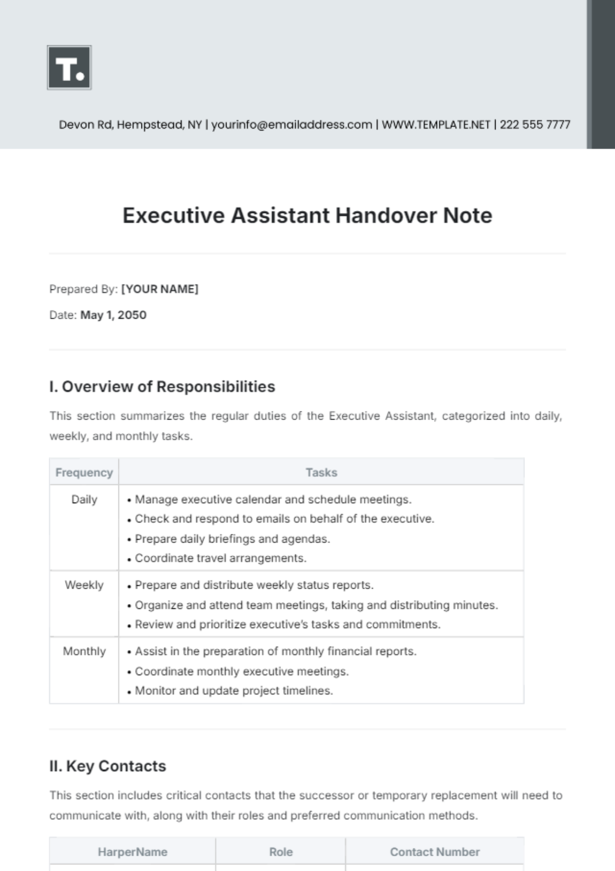 Executive Assistant Handover Note Template - Edit Online & Download