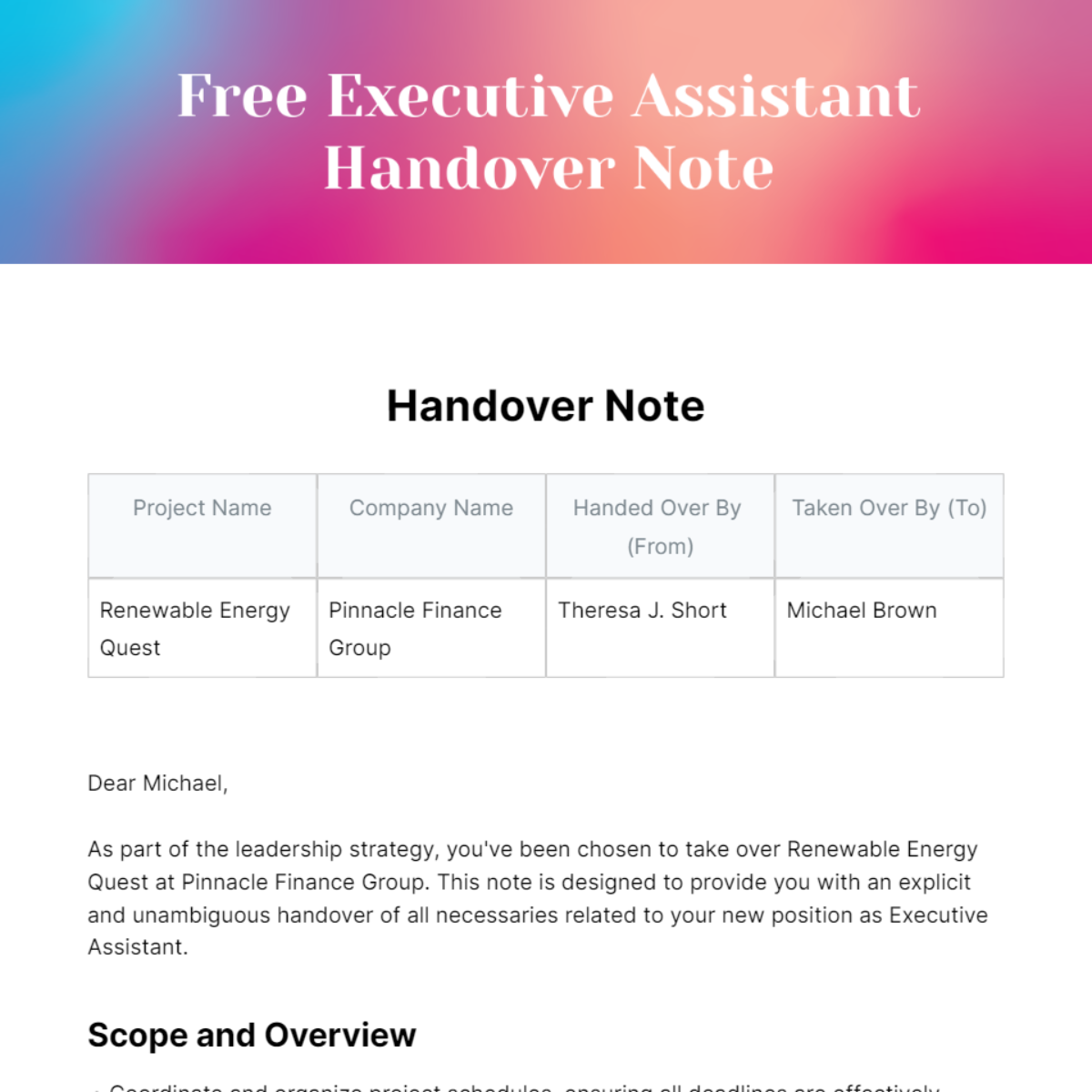 Executive Assistant Handover Note Template
