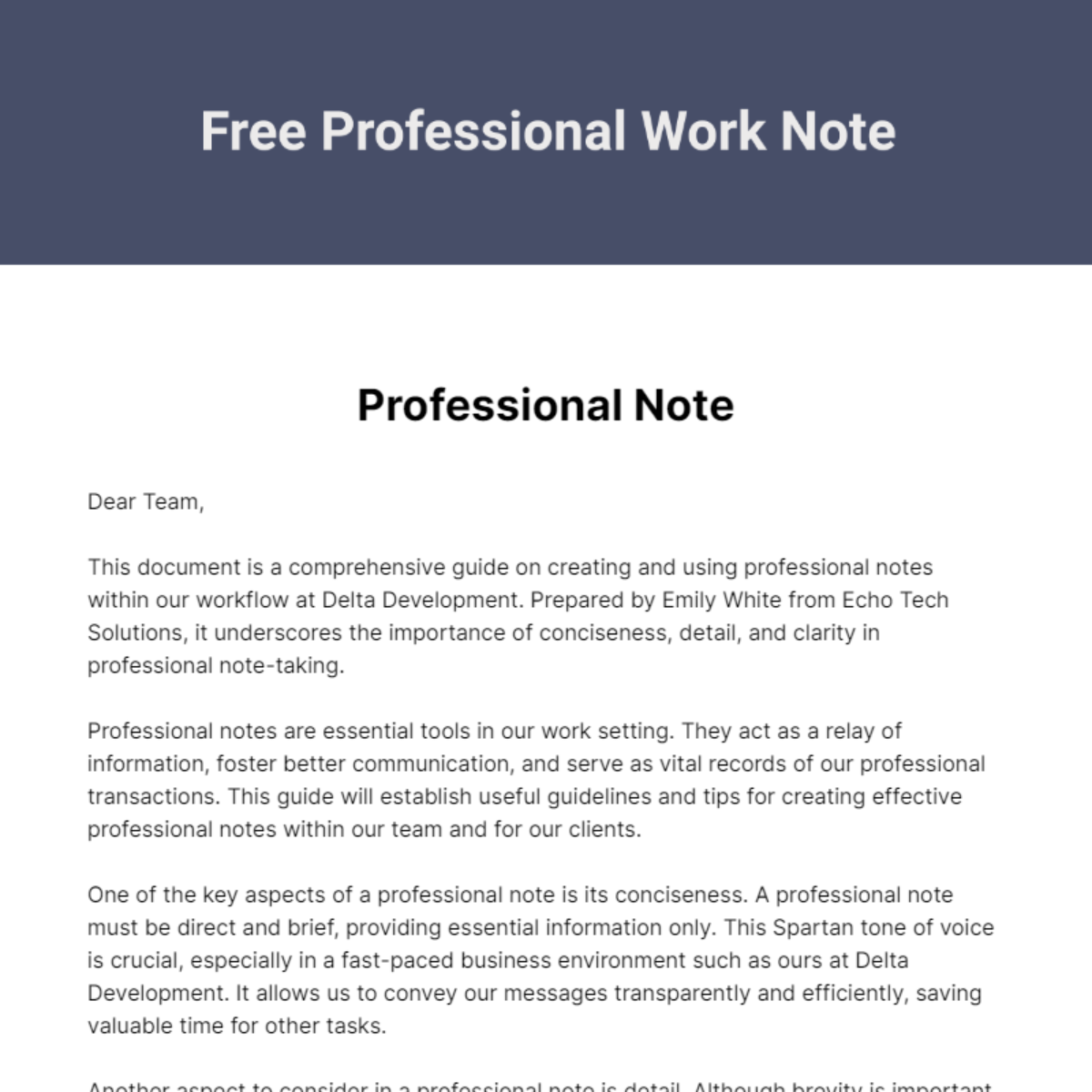 Professional Work Note Template