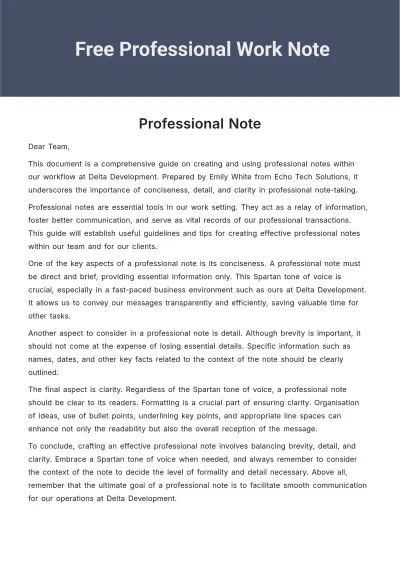 Free Professional Work Note Template to Edit Online