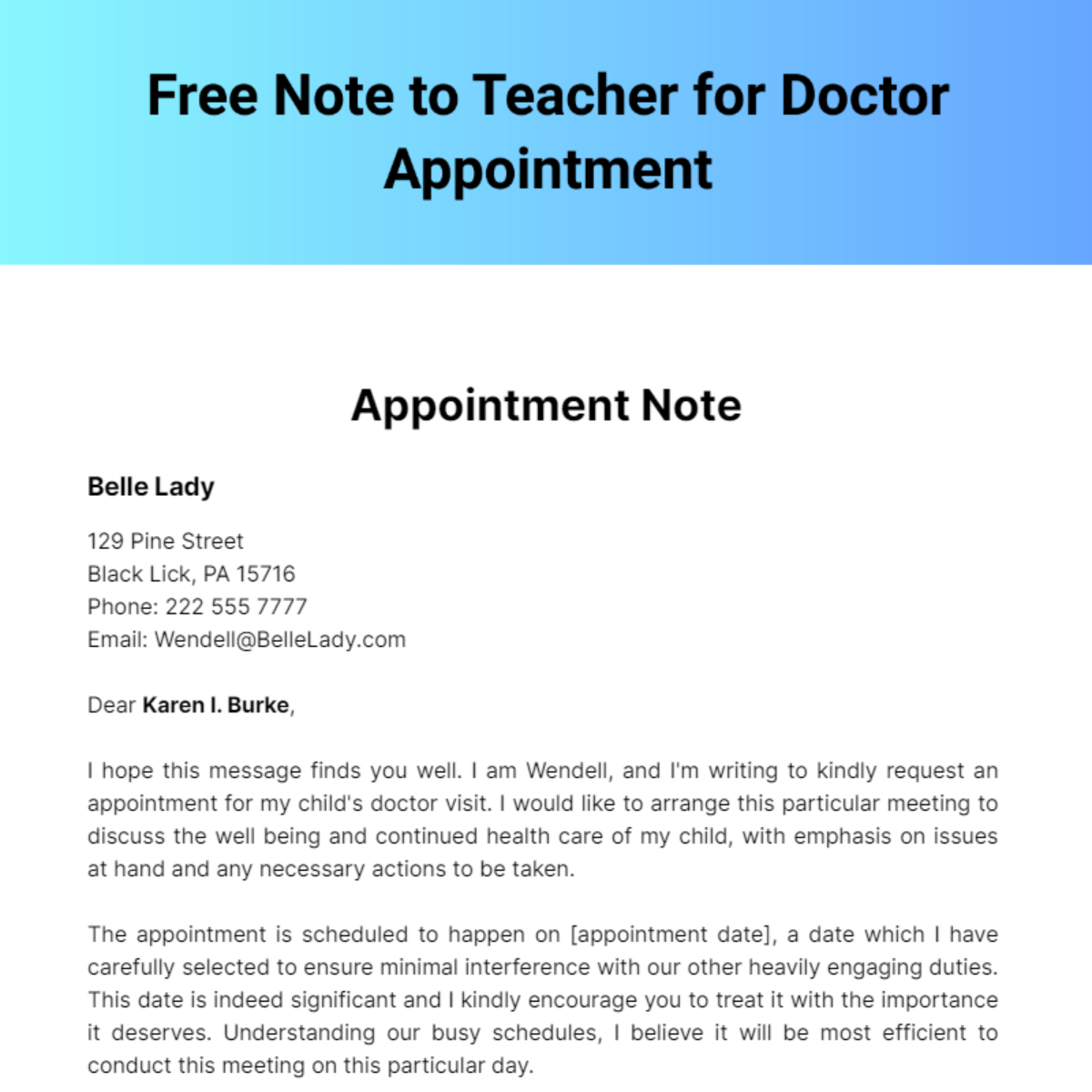 Free Note to Teacher for Doctor Appointment Template