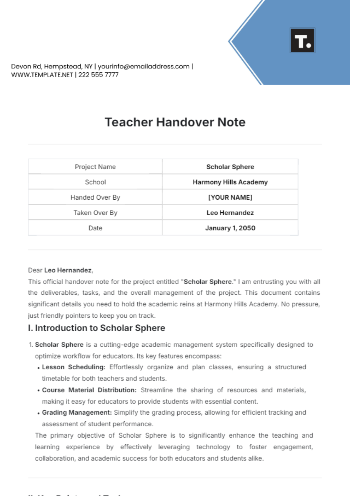 Teacher Handover Note Template - Edit Online & Download