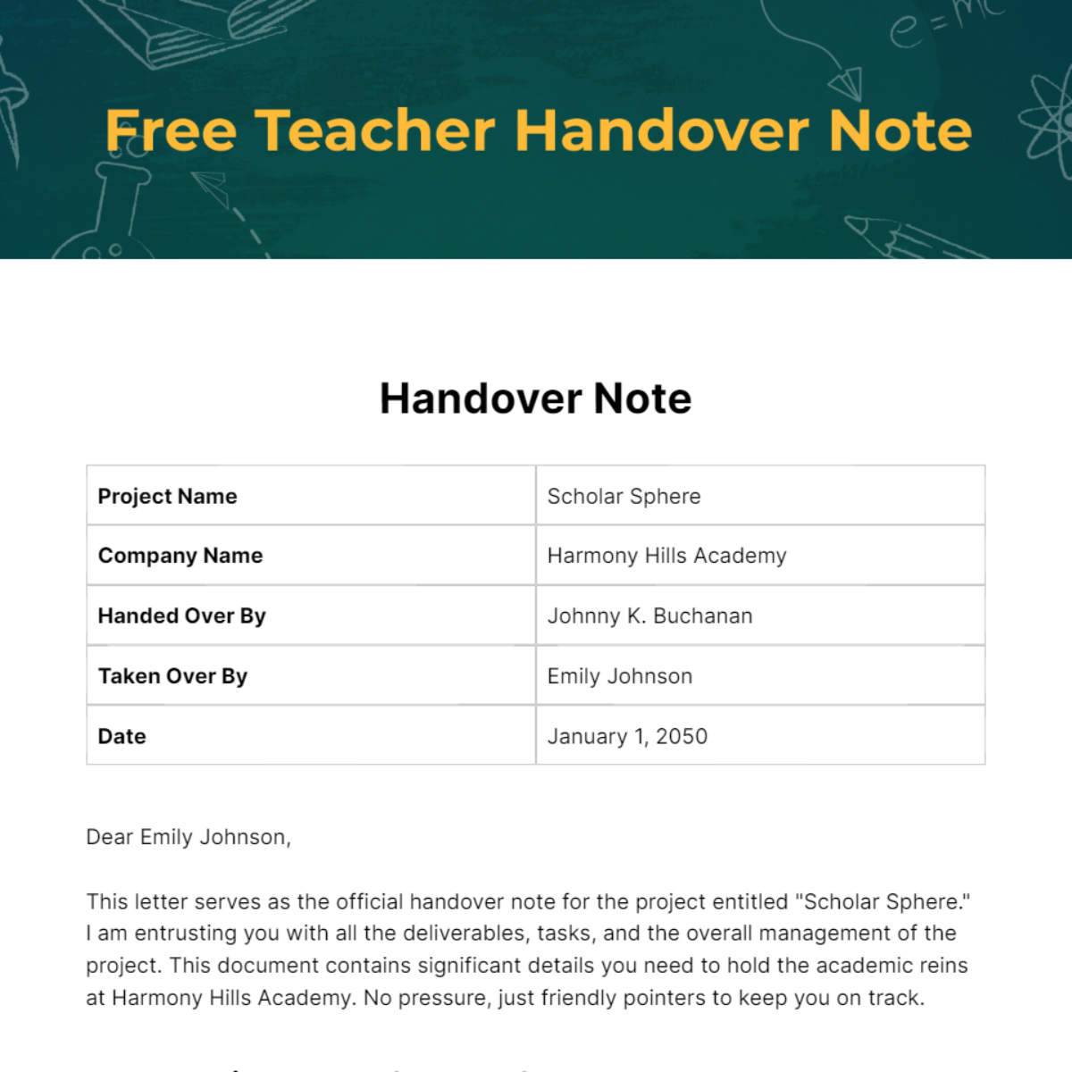Teacher Handover Note Template