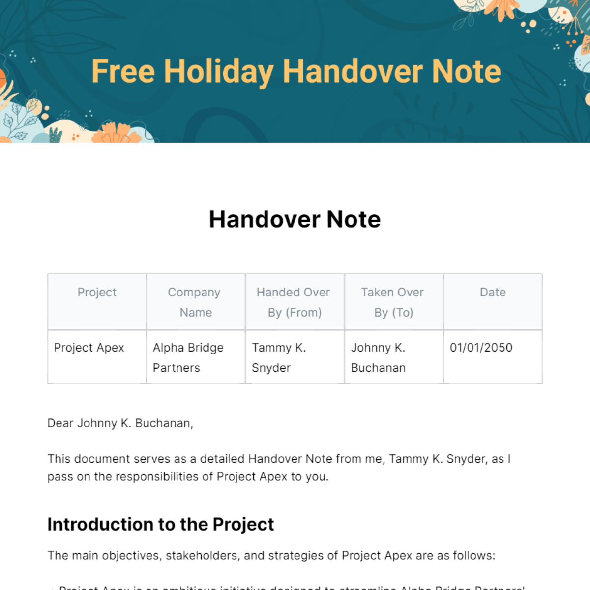 Holiday Handover Note Template