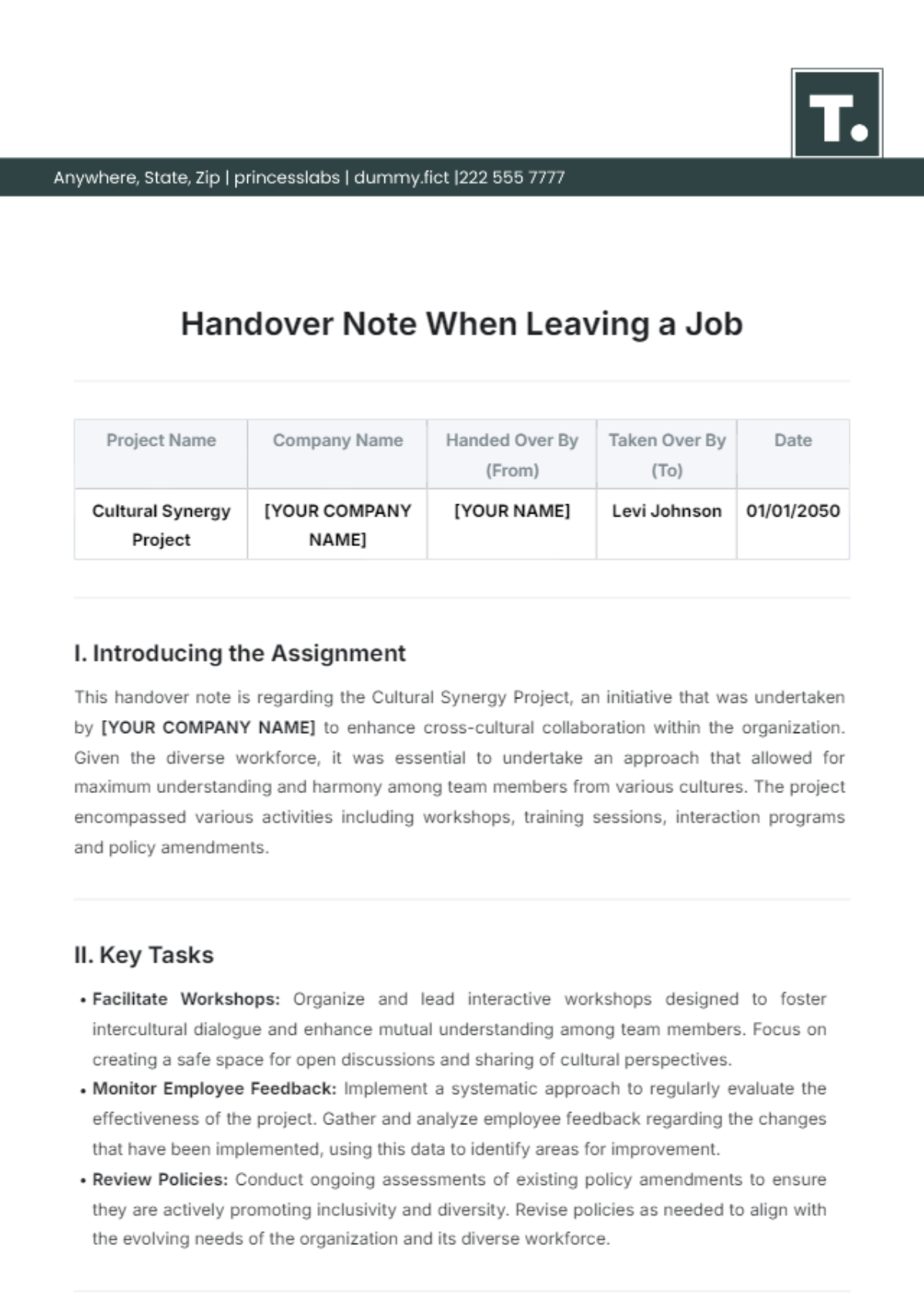 Handover Note When Leaving a Job Template - Edit Online & Download