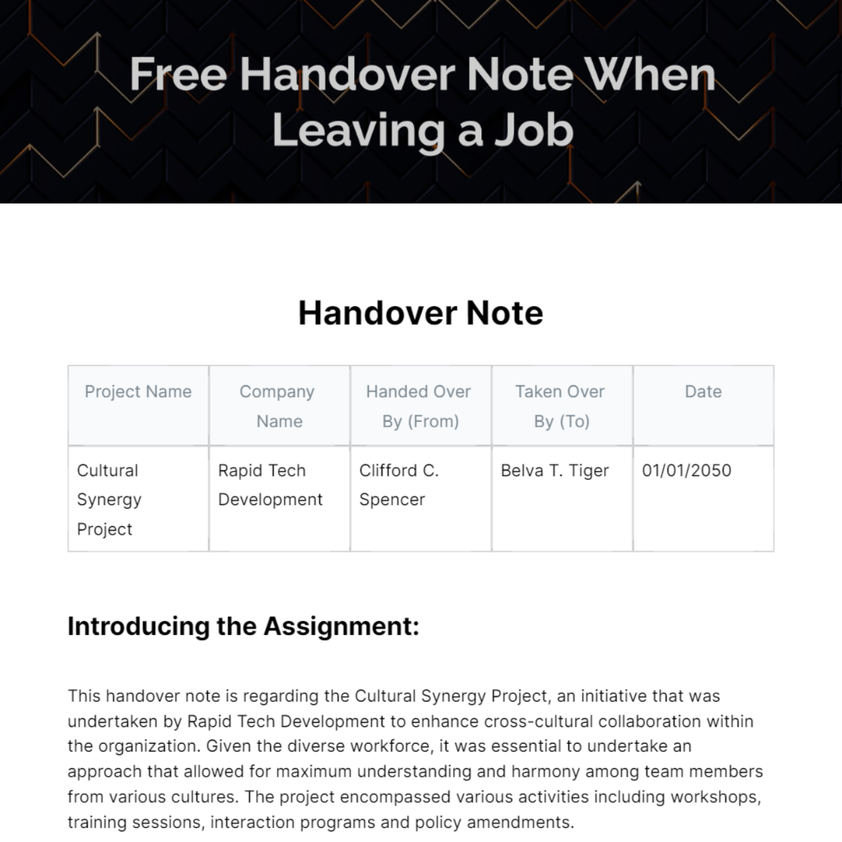 Free Handover Note When Leaving a Job Template